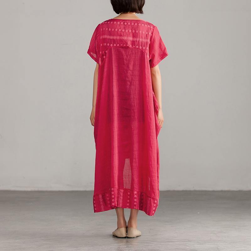 stylish natural linen blended dress trendy plus size Casual V-neck High-low Hem Dots Red Dress - Omychic