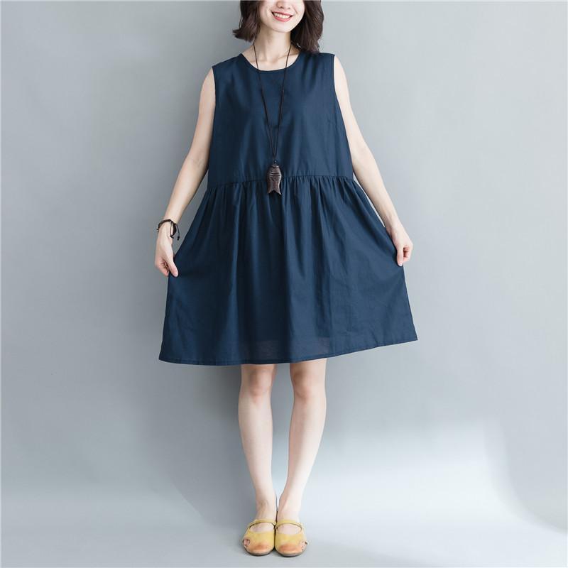 stylish navy cotton linen knee dress oversize holiday dresses Elegant Sleeveless O neck cotton linen clothing dresses - Omychic