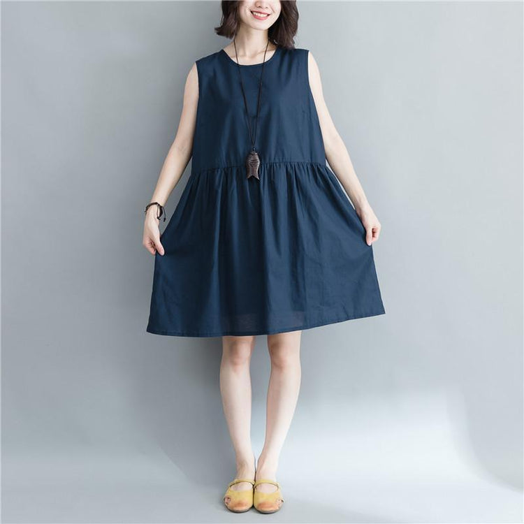 stylish navy cotton linen knee dress oversize holiday dresses Elegant Sleeveless O neck cotton linen clothing dresses - Omychic