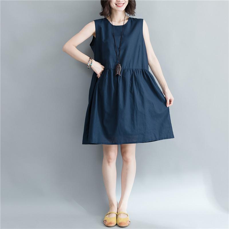 stylish navy cotton linen knee dress oversize holiday dresses Elegant Sleeveless O neck cotton linen clothing dresses - Omychic