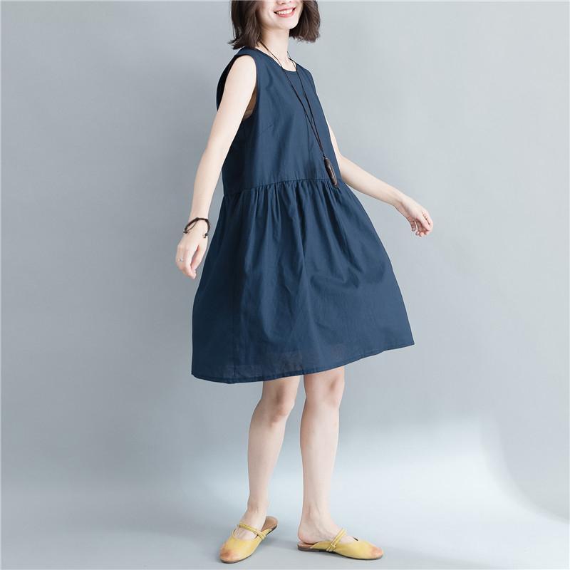 stylish navy cotton linen knee dress oversize holiday dresses Elegant Sleeveless O neck cotton linen clothing dresses - Omychic