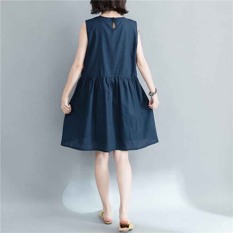 stylish navy cotton linen knee dress oversize holiday dresses Elegant Sleeveless O neck cotton linen clothing dresses - Omychic