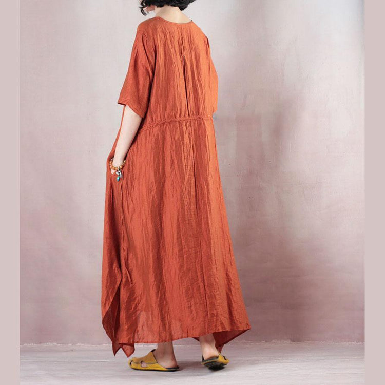 Stylish Orange Long Linen Dresses Plus Size Clothing Elegant Half Sleeve Baggy Dresses ( Limited Stock) - Omychic