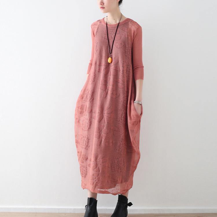 stylish pink cotton linen caftans oversize O neck Jacquard dresses New two-pieces autumn dress - Omychic