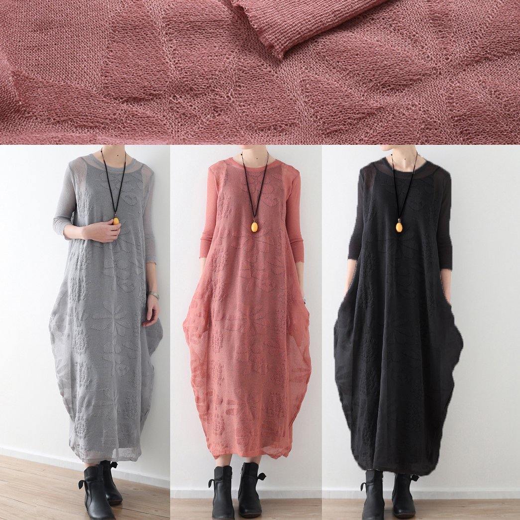 stylish pink cotton linen caftans oversize O neck Jacquard dresses New two-pieces autumn dress - Omychic