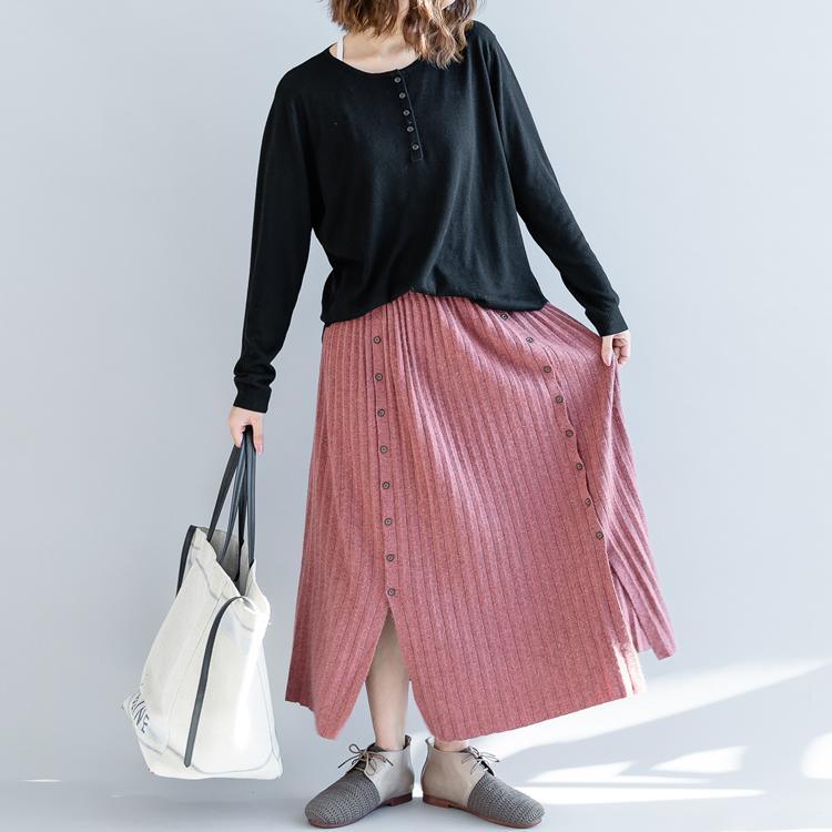 stylish pink knit skirts plus size side open skirt women elastic waist long skirts - Omychic