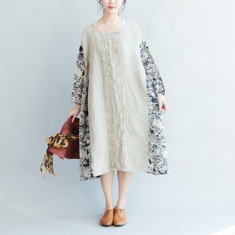 stylish print pure linen dress plus size autumn asymmetric dress long sleeve hollow out top quality O neck patchwork linen dresses - Omychic