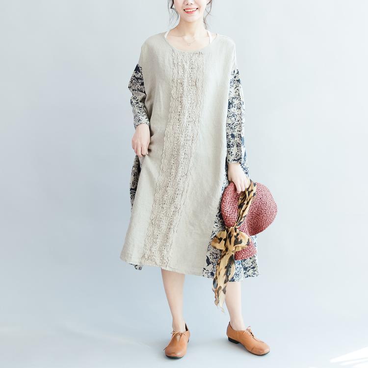 stylish print pure linen dress plus size autumn asymmetric dress long sleeve hollow out top quality O neck patchwork linen dresses - Omychic