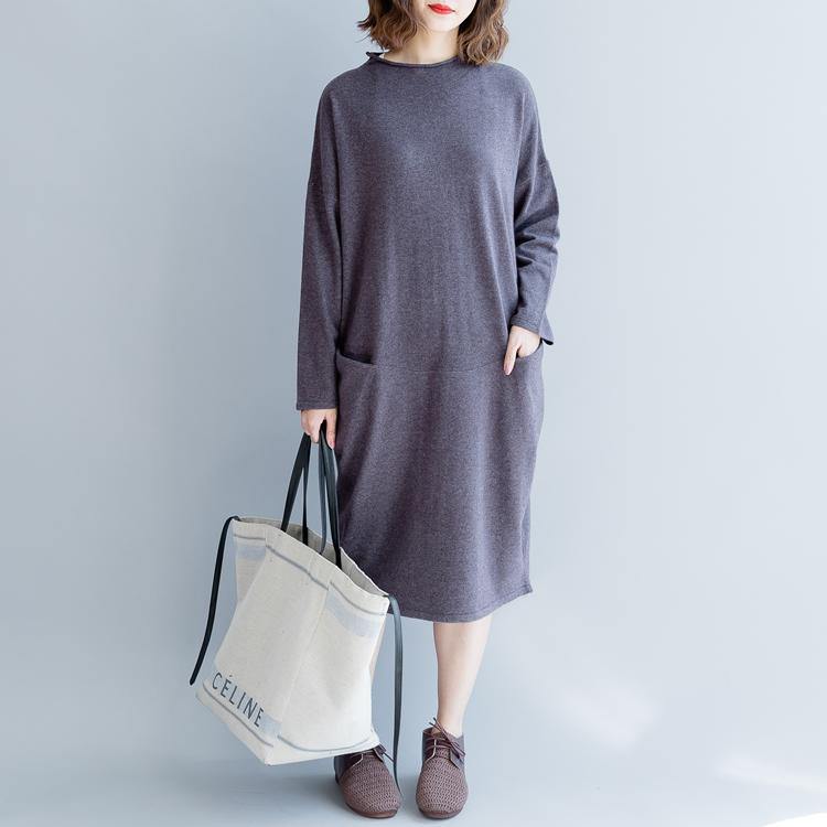 stylish purple gray  sweater dresses plus size o neck long knit sweaters women pockets sweater - Omychic
