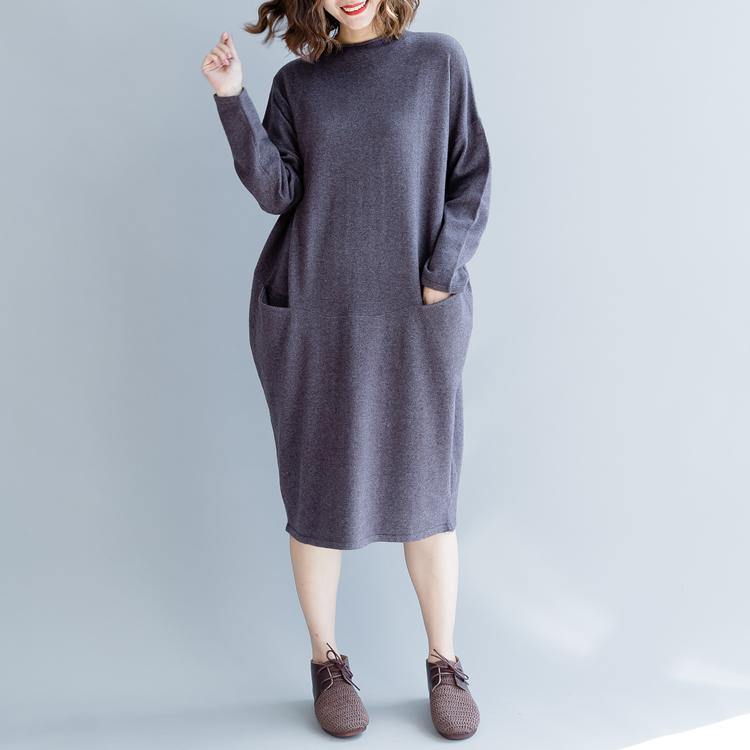 stylish purple gray  sweater dresses plus size o neck long knit sweaters women pockets sweater - Omychic