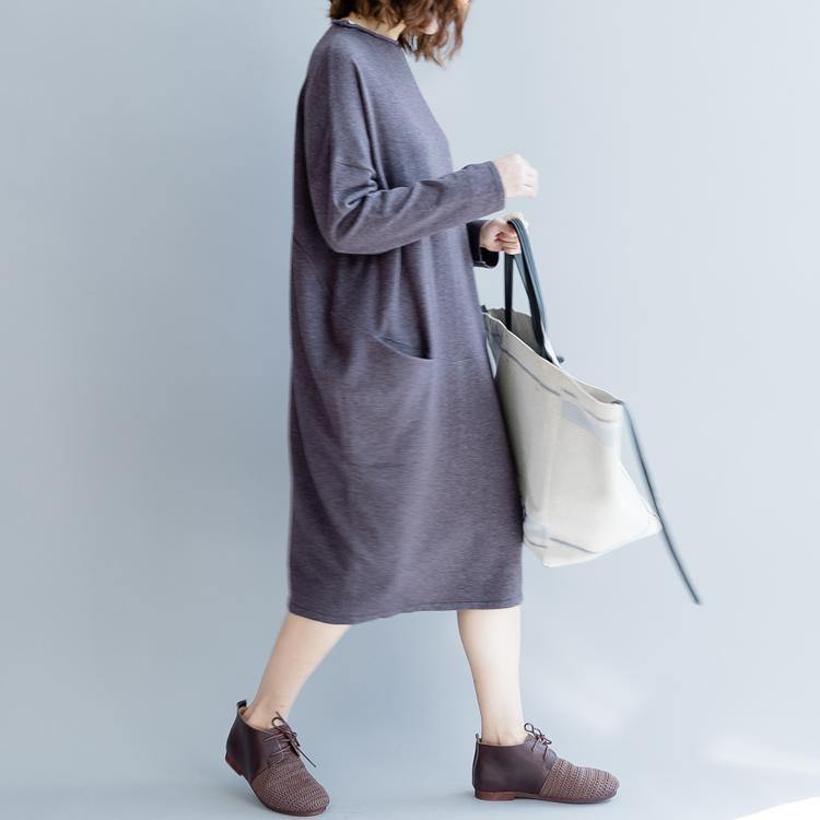 stylish purple gray  sweater dresses plus size o neck long knit sweaters women pockets sweater - Omychic