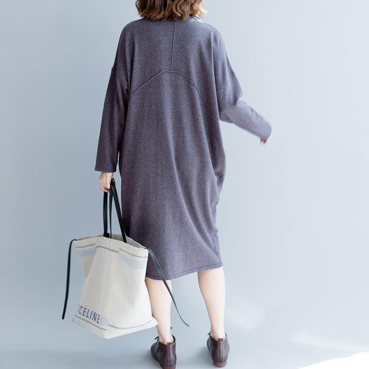 stylish purple gray  sweater dresses plus size o neck long knit sweaters women pockets sweater - Omychic