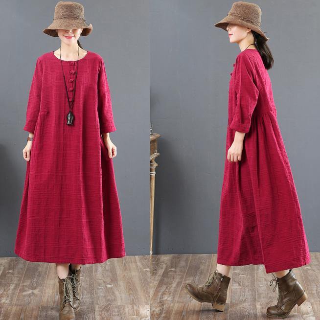 stylish red  cotton dresses casual cotton clothing dresses Chinese Button women o neck cotton clothing dress - Omychic
