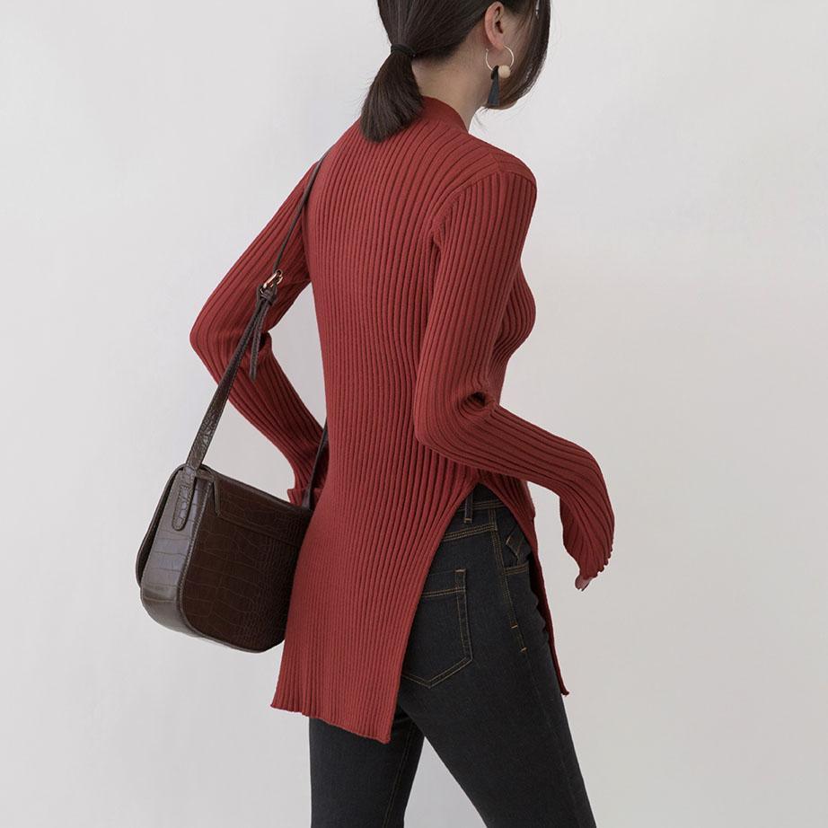 stylish red knit sweaters casual V neck pockets knitted tops 2018 side open winter sweaters - Omychic