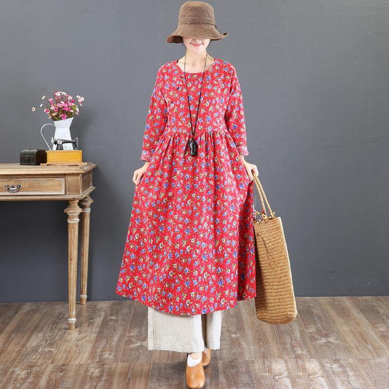 stylish red prints cotton caftans plus size o neck traveling clothing vintage tunic autumn dress - Omychic