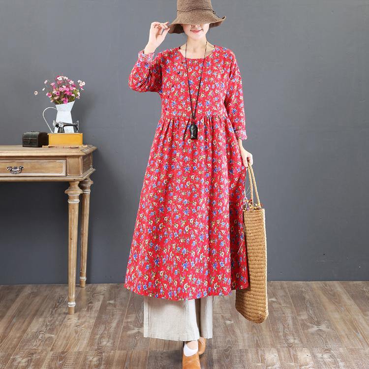 stylish red prints cotton caftans plus size o neck traveling clothing vintage tunic autumn dress - Omychic