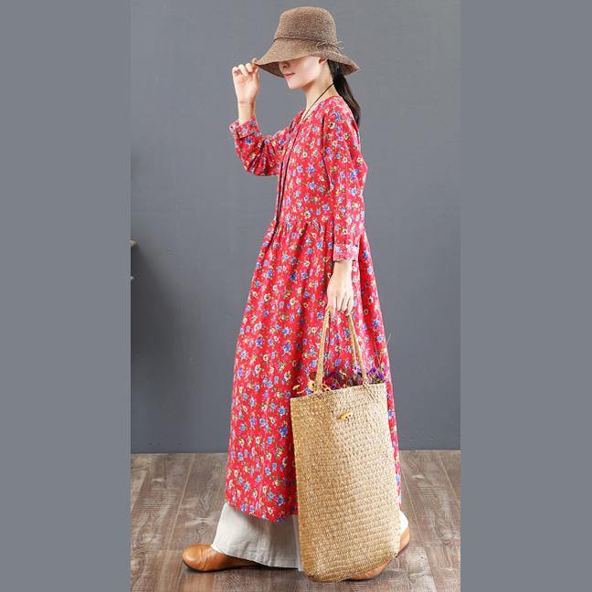 stylish red prints cotton caftans plus size o neck traveling clothing vintage tunic autumn dress - Omychic