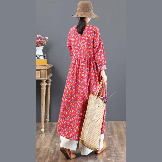 stylish red prints cotton caftans plus size o neck traveling clothing vintage tunic autumn dress - Omychic