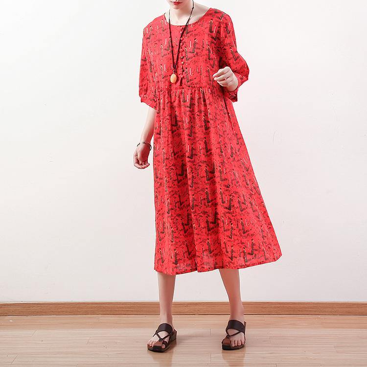stylish red prints linen maxi dress trendy plus size half sleeve traveling dress boutique o neck caftans - Omychic