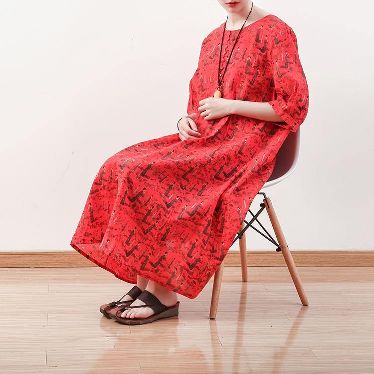 stylish red prints linen maxi dress trendy plus size half sleeve traveling dress boutique o neck caftans - Omychic