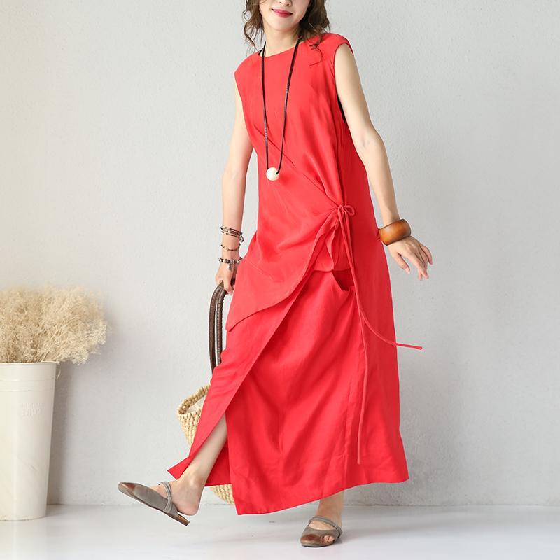 stylish red silk linen dress Loose fitting O neck clothing dress 2018 sleeveless tie waist maxi dresses - Omychic