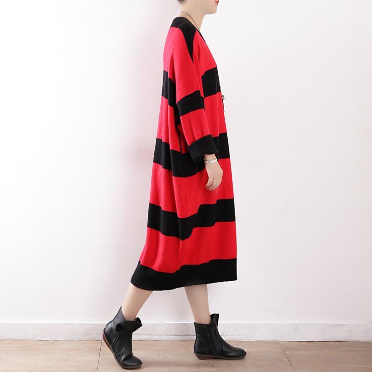 stylish red striped spring dresses plus size o neck spring dresses Batwing Sleeve  pullover - Omychic