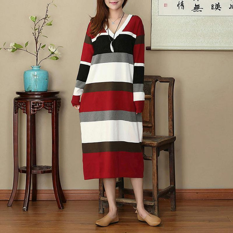 stylish red white striped oversize V neck caftans New long sleeve slim flattering maxi dresses - Omychic