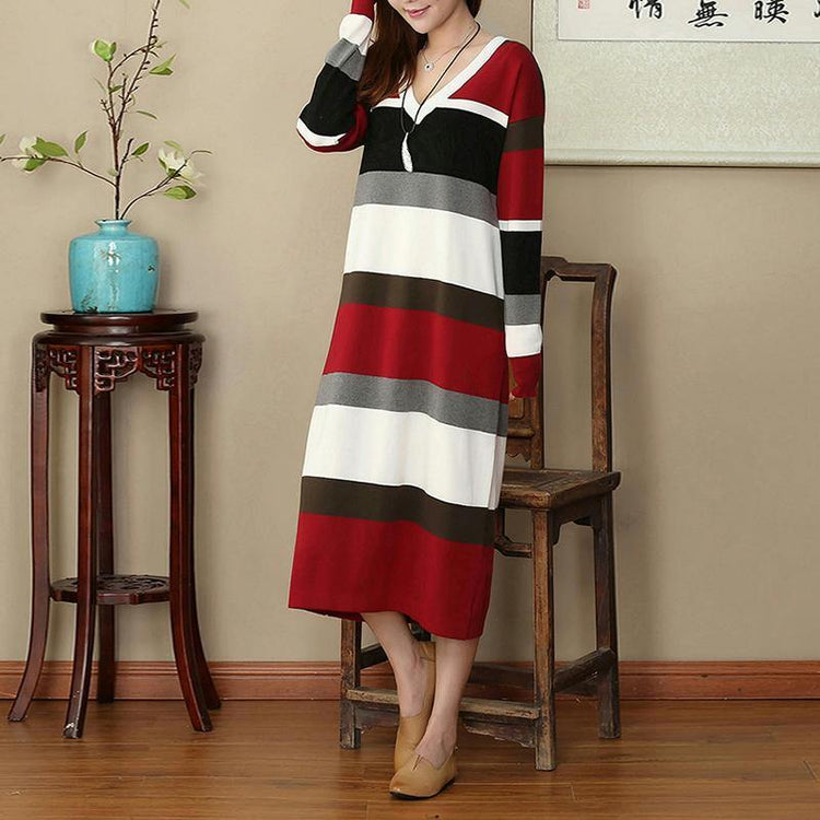 stylish red white striped oversize V neck caftans New long sleeve slim flattering maxi dresses - Omychic