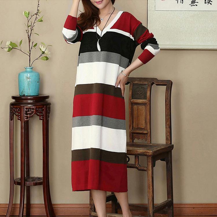 stylish red white striped oversize V neck caftans New long sleeve slim flattering maxi dresses - Omychic