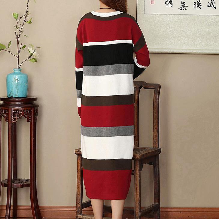 stylish red white striped oversize V neck caftans New long sleeve slim flattering maxi dresses - Omychic