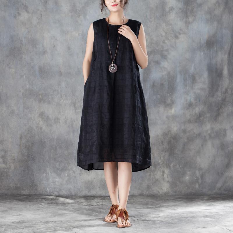 stylish silk linen cotton gown Loose fitting Women Round Neck Sleeveless Lining Black Dress - Omychic