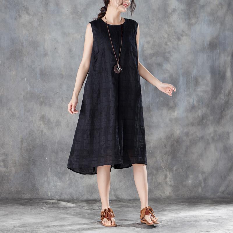 stylish silk linen cotton gown Loose fitting Women Round Neck Sleeveless Lining Black Dress - Omychic