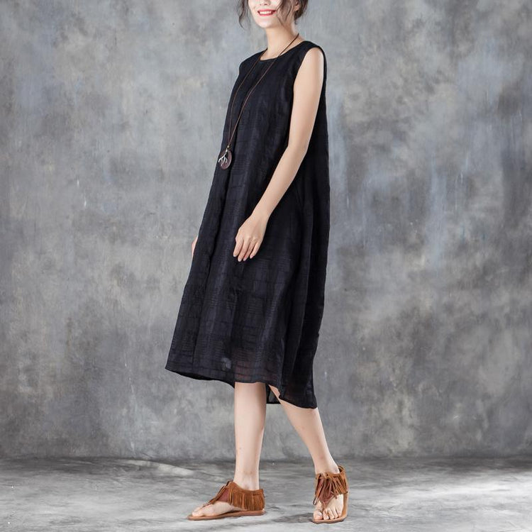 stylish silk linen cotton gown Loose fitting Women Round Neck Sleeveless Lining Black Dress - Omychic