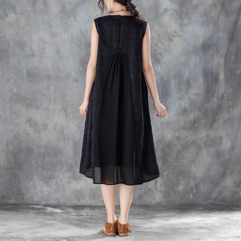 stylish silk linen cotton gown Loose fitting Women Round Neck Sleeveless Lining Black Dress - Omychic