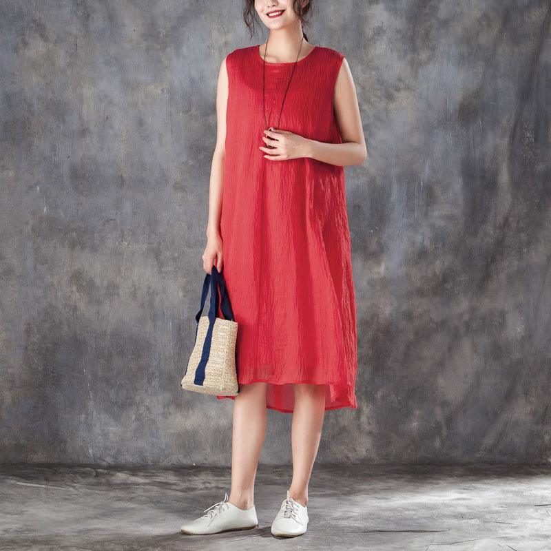 stylish silk linen cotton maxi dress plus size Women Round Neck Sleeveless Lining Red Dress - Omychic