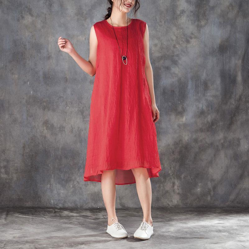 stylish silk linen cotton maxi dress plus size Women Round Neck Sleeveless Lining Red Dress - Omychic