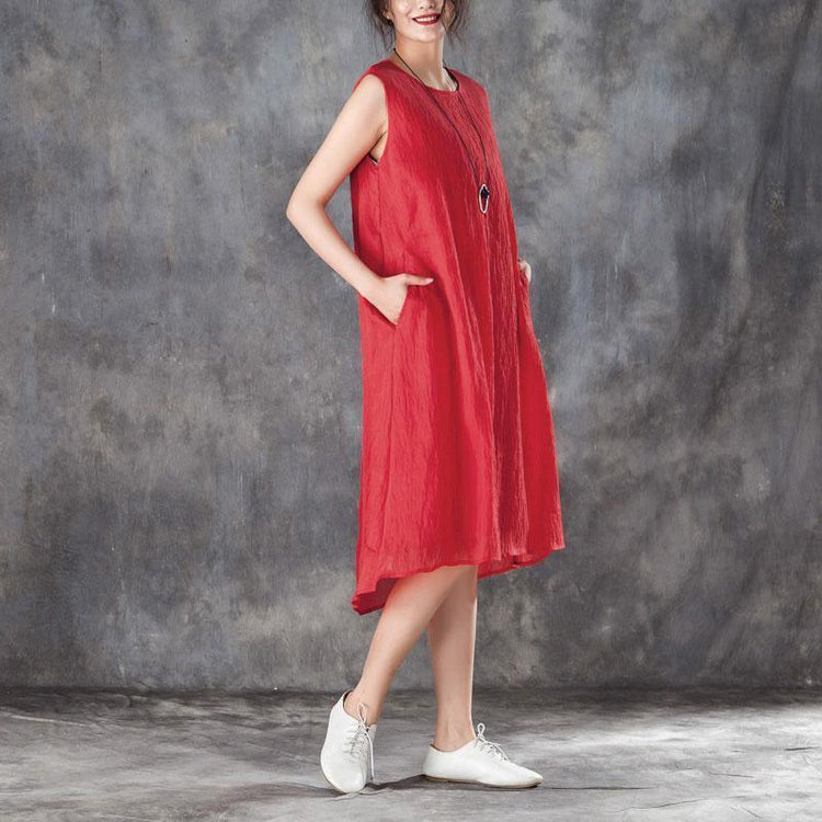 stylish silk linen cotton maxi dress plus size Women Round Neck Sleeveless Lining Red Dress - Omychic