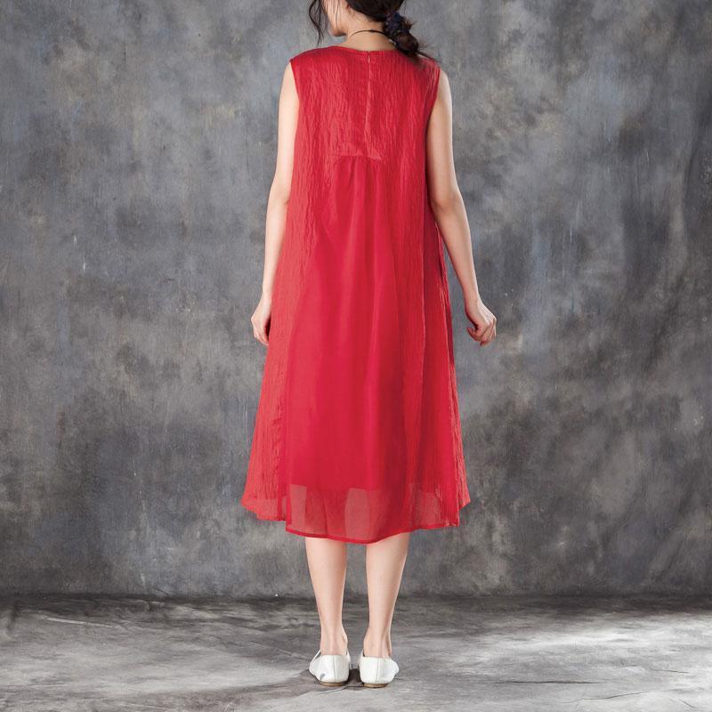 stylish silk linen cotton maxi dress plus size Women Round Neck Sleeveless Lining Red Dress - Omychic