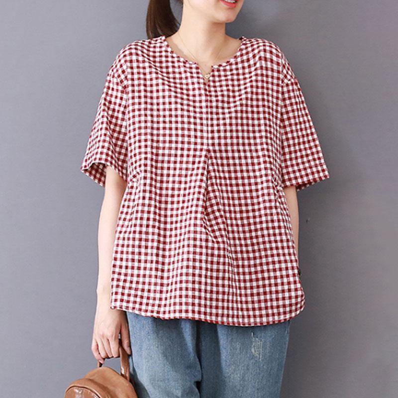stylish summer cotton blended tops oversize Women Casual Summer Lattice Short Sleeve Red Tops - Omychic