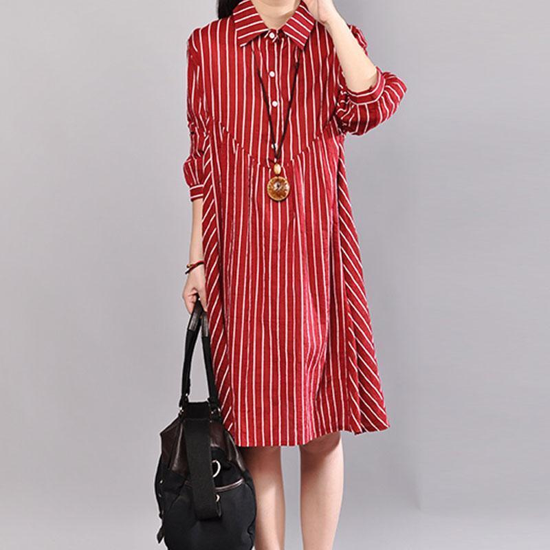 stylish summer dress plus size Stripe Polo Collar Half Sleeve Cotton Red Pullover Dress - Omychic