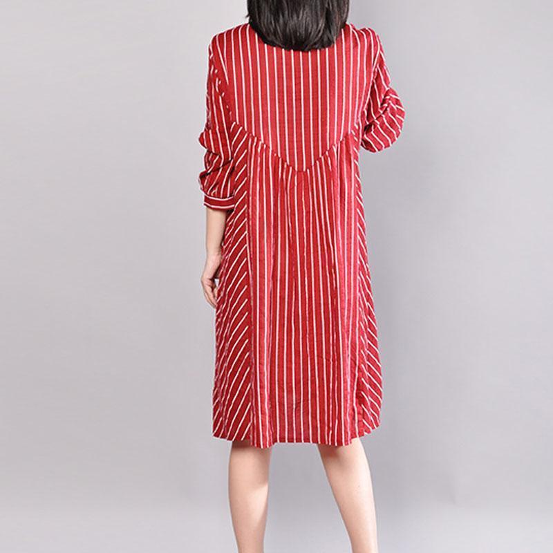 stylish summer dress plus size Stripe Polo Collar Half Sleeve Cotton Red Pullover Dress - Omychic