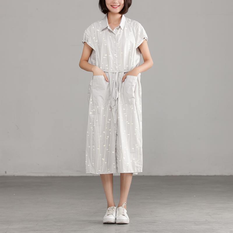 stylish summer dresses trendy plus size Cotton Polo Collor Light Gray Short Sleeve Dress - Omychic
