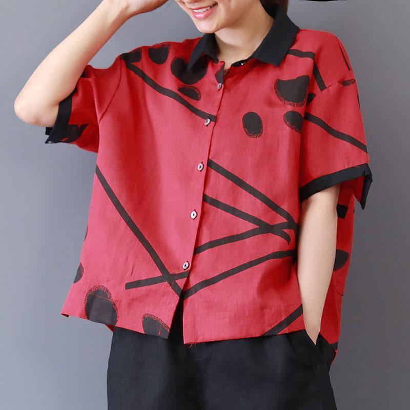 stylish summer linen tops plus size Summer Dots Short Sleeve Polo Neck Loose Red Blouse - Omychic