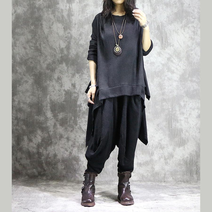 stylish the black tabbit wool two pieces knit low high design sweater with casual oversize wide leg pants - Omychic