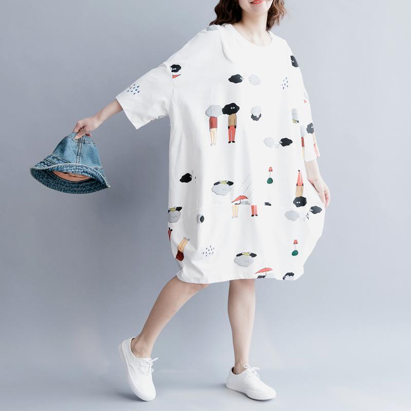 stylish white cotton knee dress plus size traveling clothing Elegant half sleeve baggy dresses O neck print cotton clothing dresses - Omychic