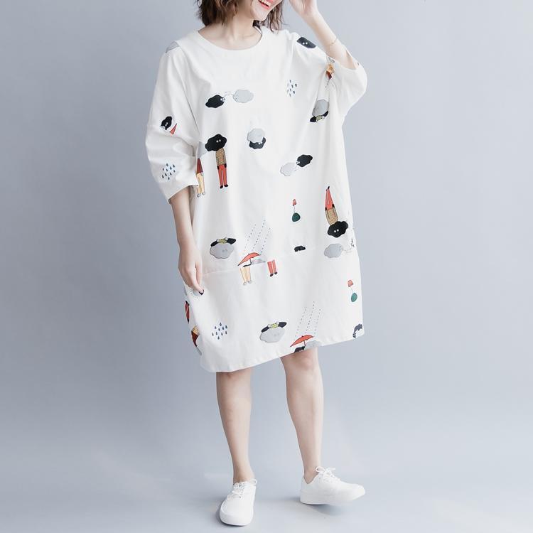 stylish white cotton knee dress plus size traveling clothing Elegant half sleeve baggy dresses O neck print cotton clothing dresses - Omychic