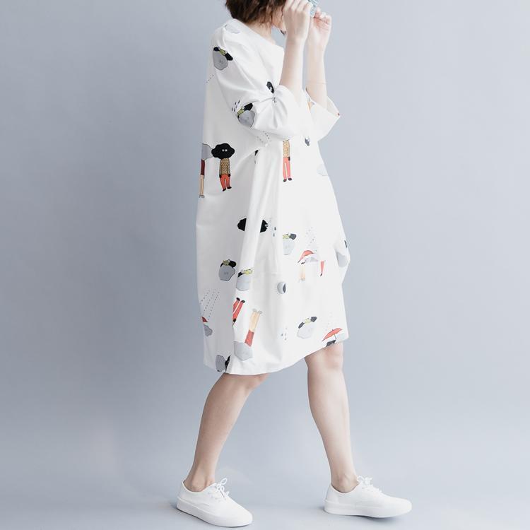 stylish white cotton knee dress plus size traveling clothing Elegant half sleeve baggy dresses O neck print cotton clothing dresses - Omychic