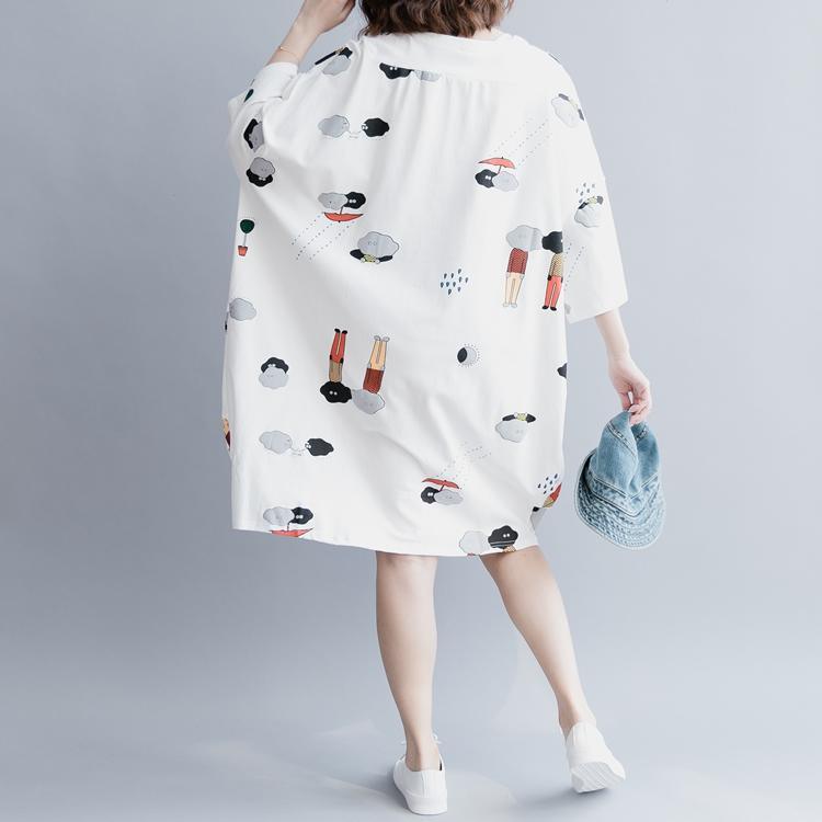 stylish white cotton knee dress plus size traveling clothing Elegant half sleeve baggy dresses O neck print cotton clothing dresses - Omychic