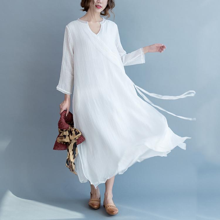 stylish white cotton linen dress plus size v neck tie waist gown women long sleeve patchwork cotton linen dresses - Omychic