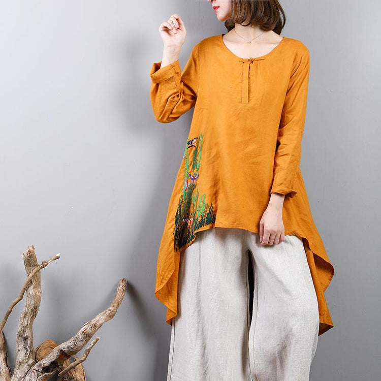 stylish yellow  linen blouse plussize casual cardigans top quality asymmetric hem embroidery linen clothing t shirt - Omychic